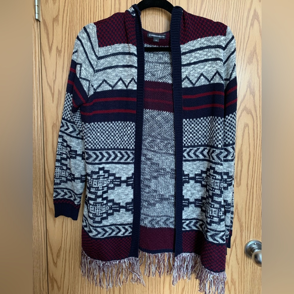 🍉 Warehouse One cardigan lightweight, Aztec pattern, open from, hooded, L, EUC
